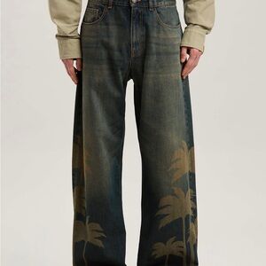 Palm Angels - LASER PALMS LOOSE DENIM PANTS BROWN - GREY. 100% Authentic